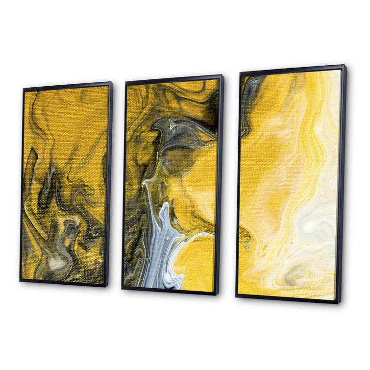 Wrought Studio Black White And Yellow Marble Abstract I Modern Framed